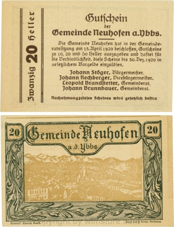 Neuhofen a.d. Ybbs - Gemeinde, G0650f, 20 Heller, Papier dicht, Druckfehler: bestra statt bestraft; 1-
