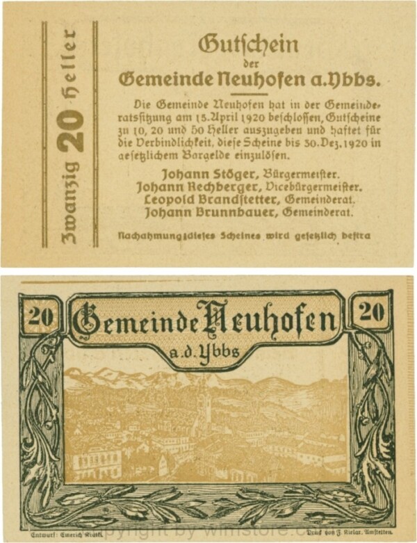 Neuhofen a.d. Ybbs - Gemeinde, G0650f, 20 Heller, Papier dicht, Druckfehler: bestra statt bestraft; 1-