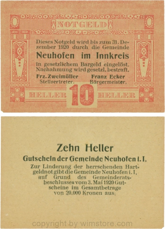 Neuhofen im Innkreis, G0652I10, 10 Heller, Verzierung IV; 1-