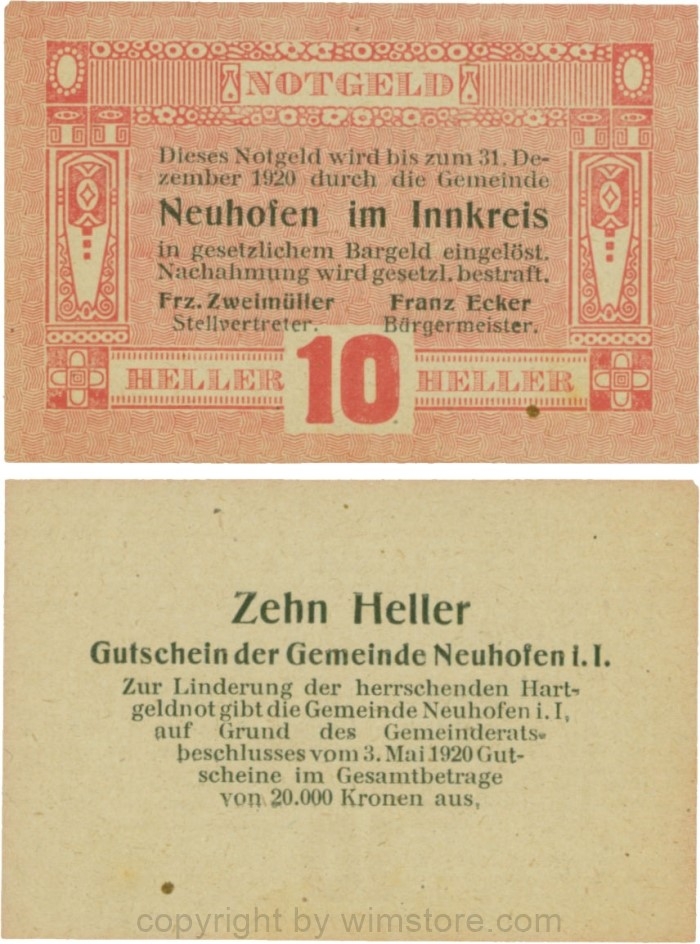 Neuhofen im Innkreis, G0652I10, 10 Heller, Verzierung IV; 1-