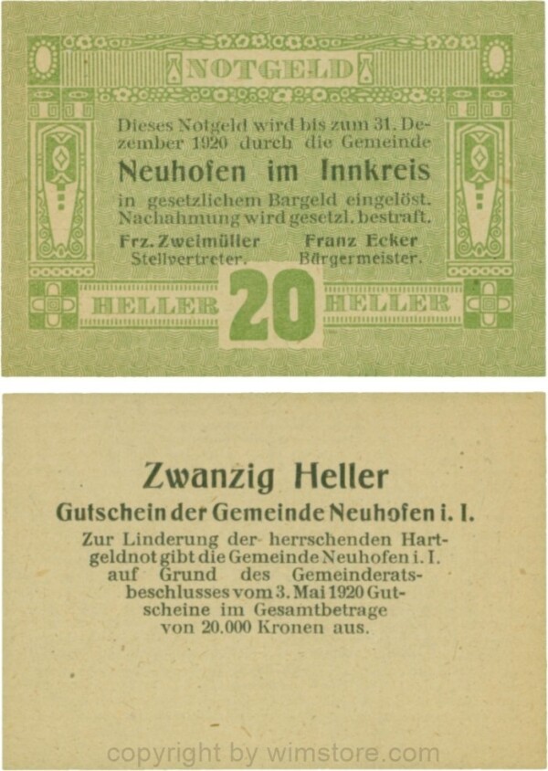 Neuhofen im Innkreis, G0652I02, 20 Heller, Verzierung I; 1