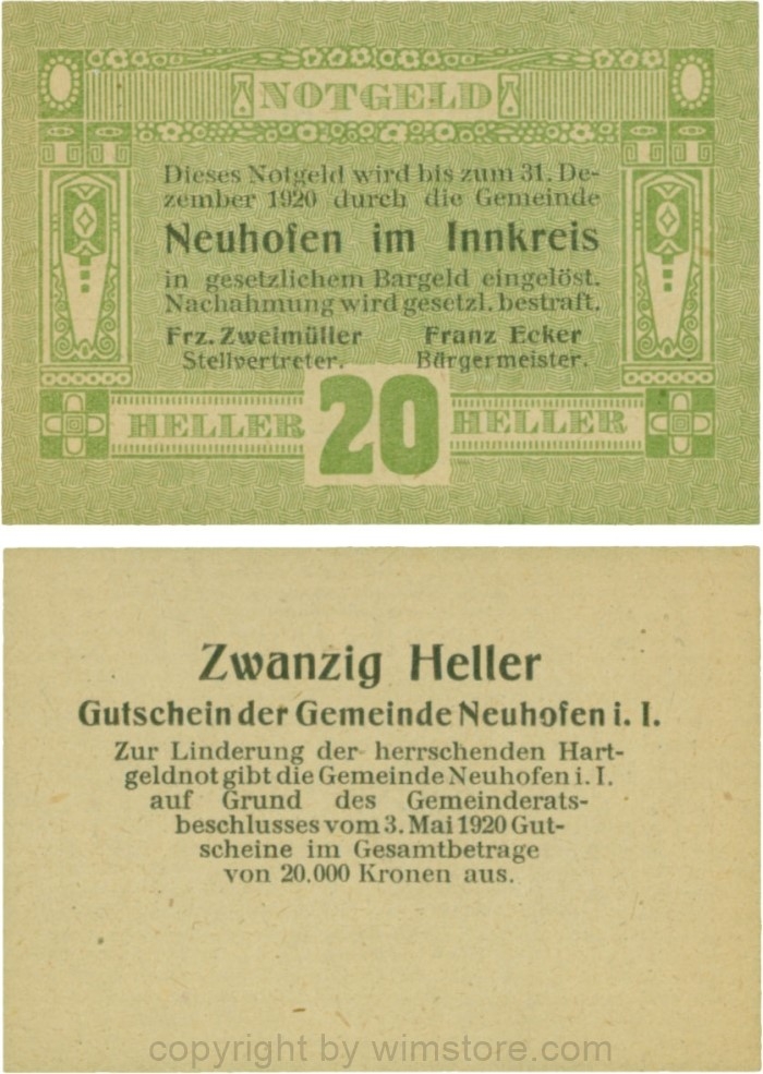 Neuhofen im Innkreis, G0652I02, 20 Heller, Verzierung I; 1
