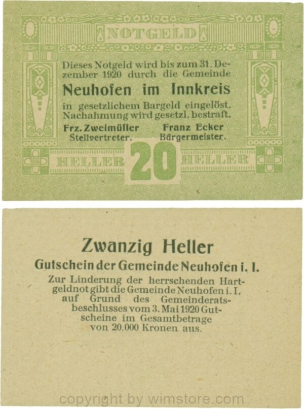 Neuhofen im Innkreis, G0652I02, 20 Heller, Verzierung I; 1