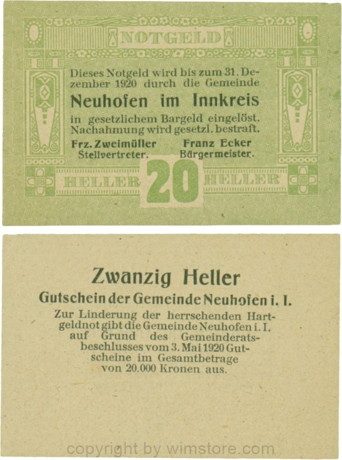 Neuhofen im Innkreis, G0652I02, 20 Heller, Verzierung I; 1