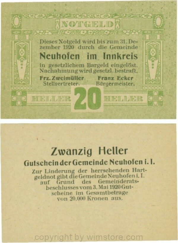 Neuhofen im Innkreis, G0652I05, 20 Heller, Verzierung II; 1-