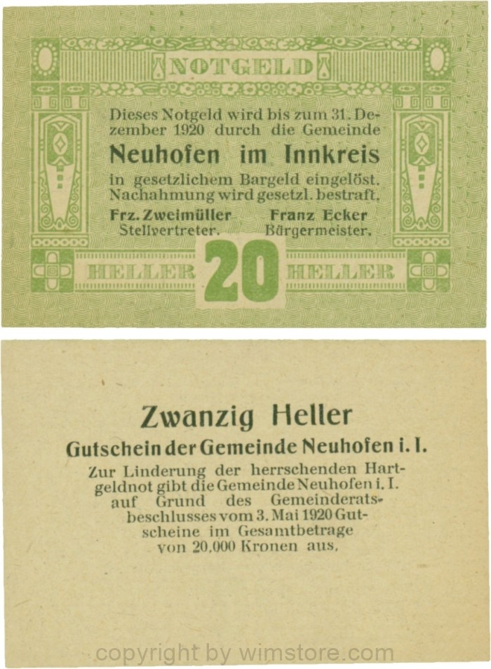 Neuhofen im Innkreis, G0652I05, 20 Heller, Verzierung II; 1-