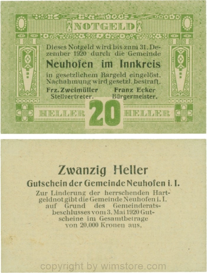Neuhofen im Innkreis, G0652I08, 20 Heller, Verzierung III; 1-