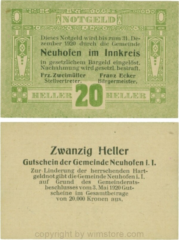 Neuhofen im Innkreis, G0652I08, 20 Heller, Verzierung III; 1-