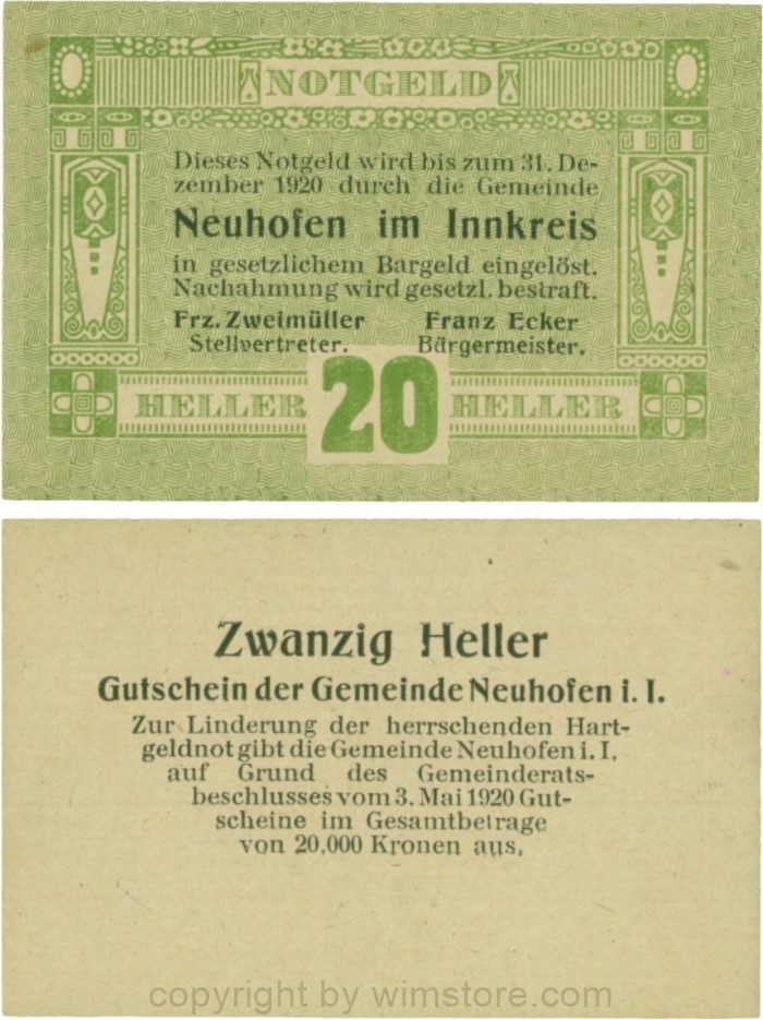 Neuhofen im Innkreis, G0652I08, 20 Heller, Verzierung III; 1-
