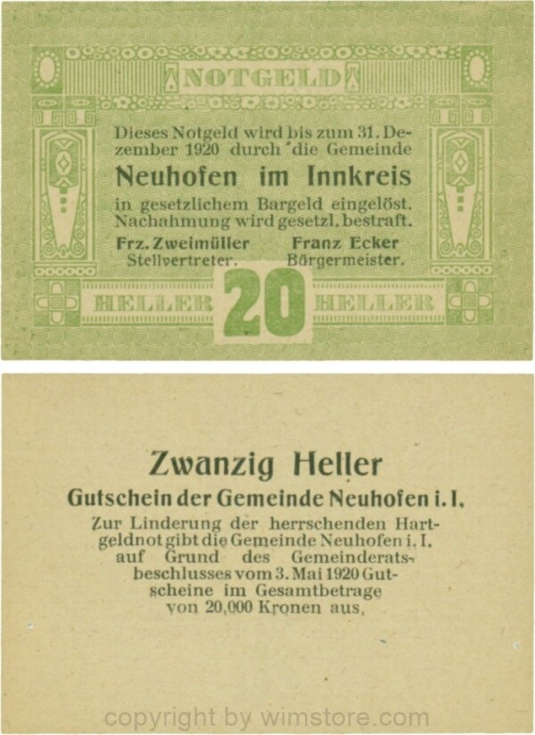 Neuhofen im Innkreis, G0652I11, 20 Heller, Verzierung IV; 1