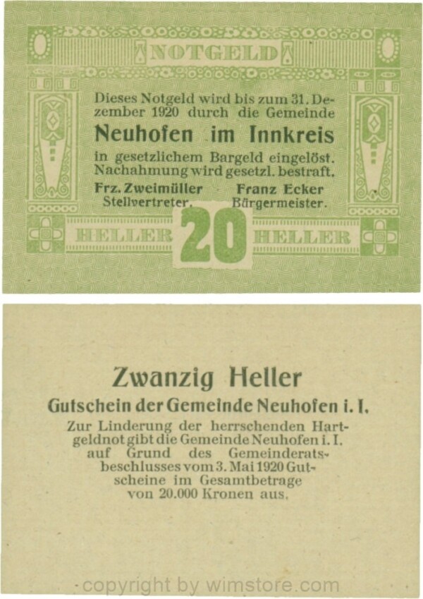 Neuhofen im Innkreis, G0652I17, 20 Heller, Verzierung VI; 1-