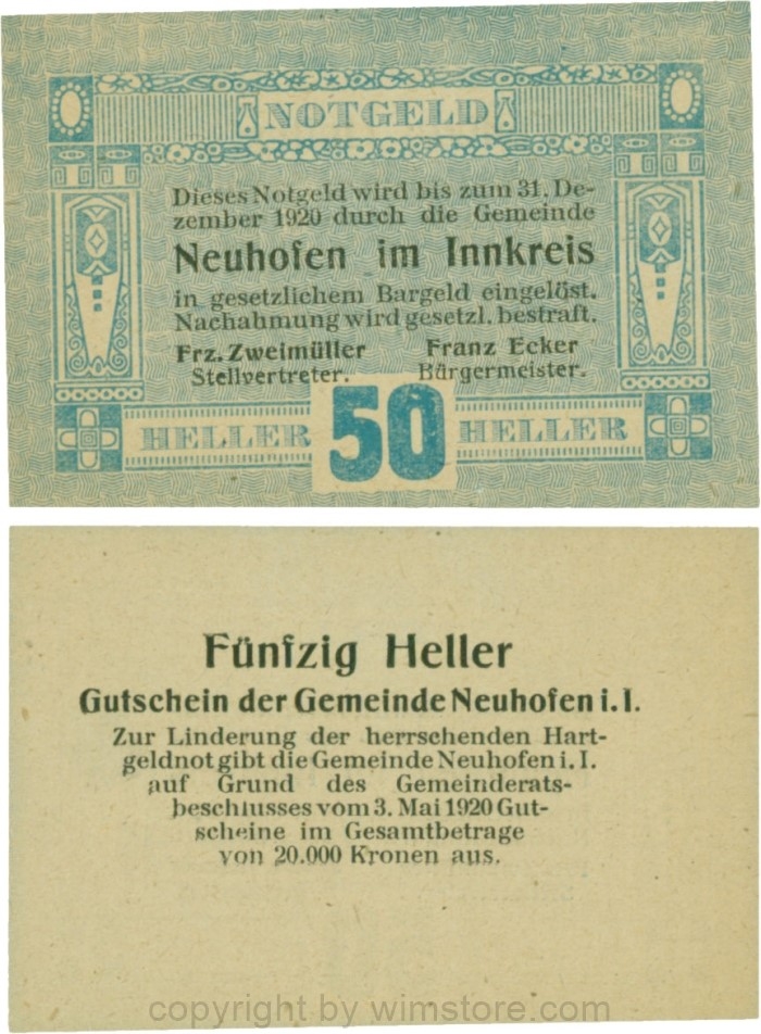 Neuhofen im Innkreis, G0652I24, 50 Heller, Verzierung VIII; 1