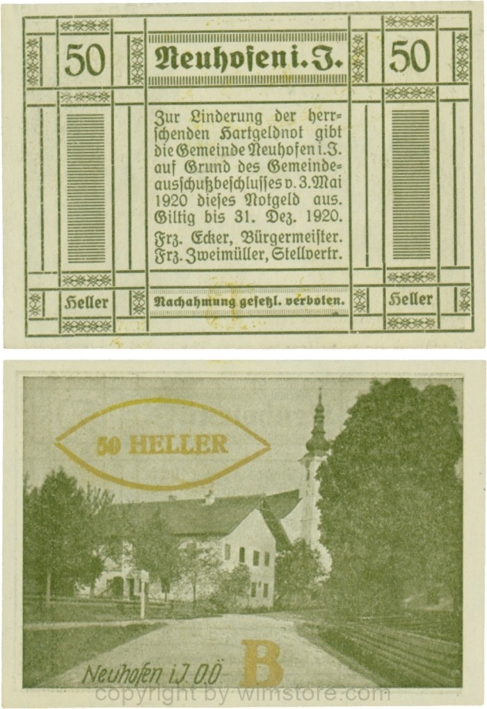 Neuhofen im Innkreis, S0652IIIa03, 50 Heller, bei Heller ll engstehend, Schein Nr. 03, Aufdruck B in gold; 1