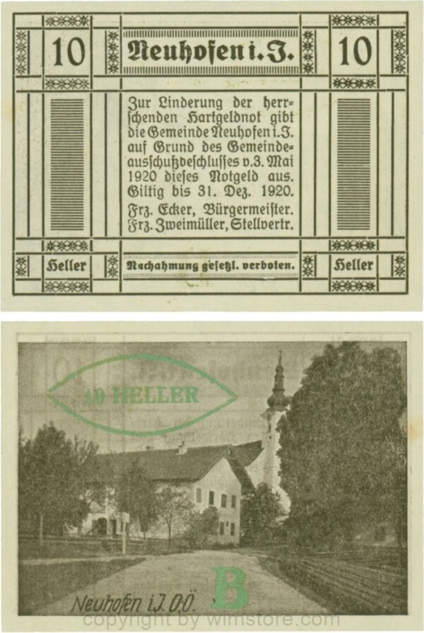 Neuhofen im Innkreis, S0652IIIb13, 10 Heller, bei Heller ll mit Abstand, Schein Nr. 13, Aufdruck B in grünbronze; 1