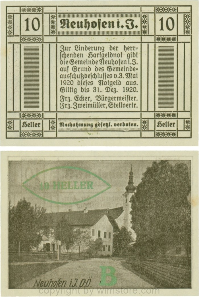 Neuhofen im Innkreis, S0652IIIb13, 10 Heller, bei Heller ll mit Abstand, Schein Nr. 13, Aufdruck B in grünbronze; 1