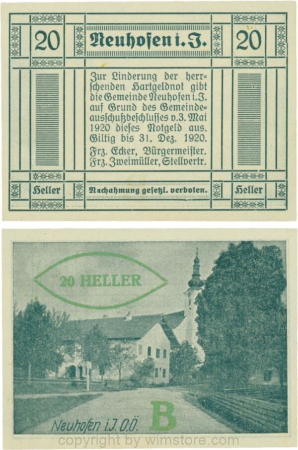 Neuhofen im Innkreis, S0652IIIb14, 20 Heller, bei Heller ll mit Abstand, Schein Nr. 14 (nicht im Katalog), Aufdruck B in grünbronze; 1