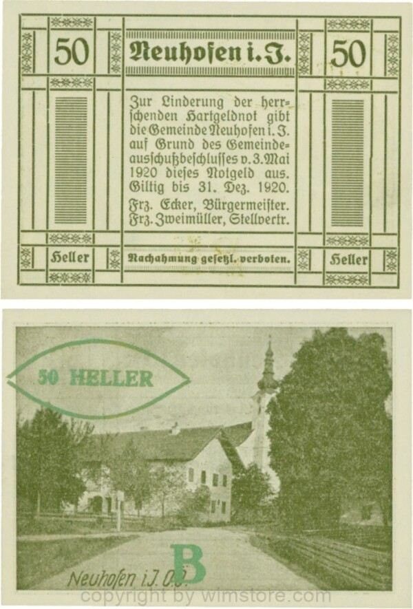 Neuhofen im Innkreis, S0652IIIb12, 50 Heller, bei Heller ll engstehend, Schein Nr. 12 (nicht im Katalog), Aufdruck B in grünbronze; 1