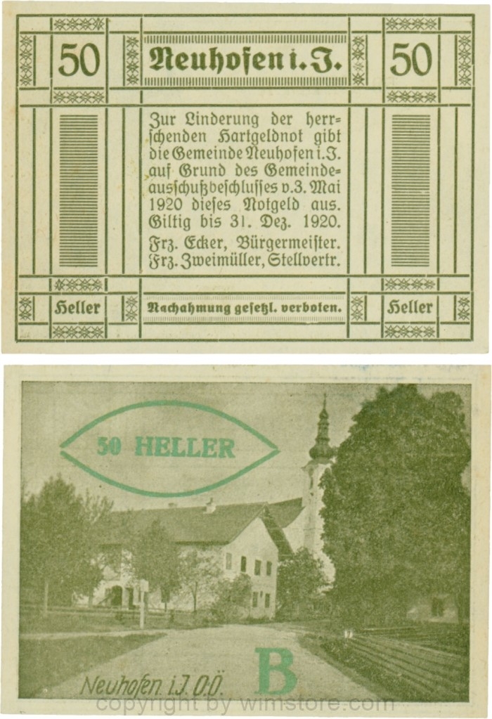 vn100353 Neuhofen im Innkreis, S0652IIIb15, 50 Heller, bei Heller ll mit Abstand, Schein Nr. 15 (nicht im Katalog), Aufdruck B in grünbronze; 1