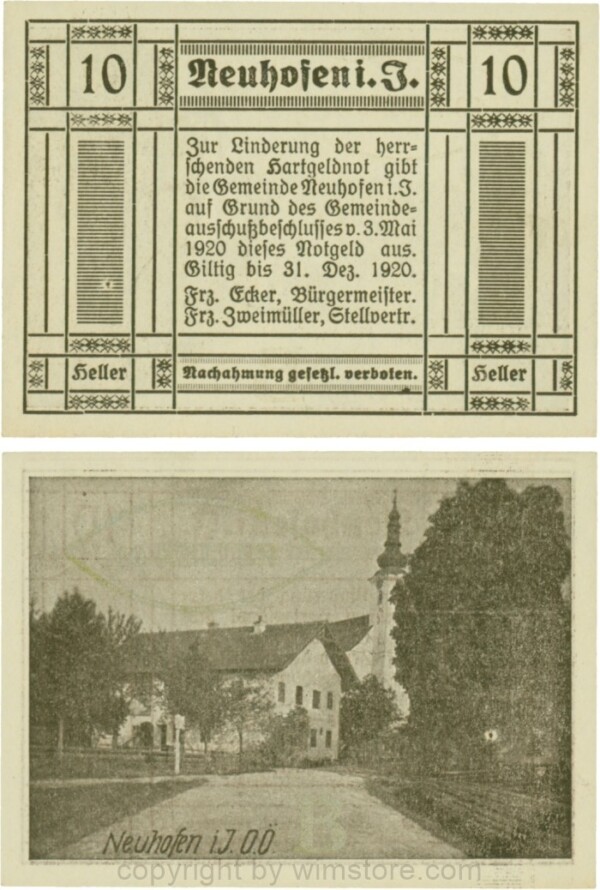 Neuhofen im Innkreis, S0652IIIc19, 10 Heller, bei Heller ll engstehend, Schein Nr. 19, Aufdruck B in silber; 1