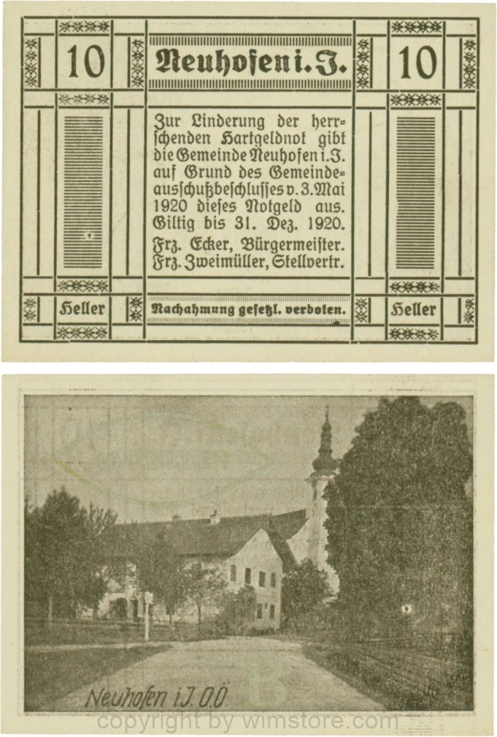 vn100354 Neuhofen im Innkreis, S0652IIIc19, 10 Heller, bei Heller ll engstehend, Schein Nr. 19, Aufdruck B in silber; 1
