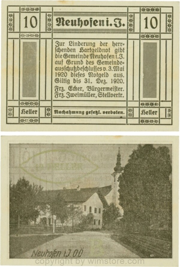 Neuhofen im Innkreis, S0652IIIc19, 10 Heller, bei Heller ll engstehend, Schein Nr. 19, Aufdruck B in silber; 1-