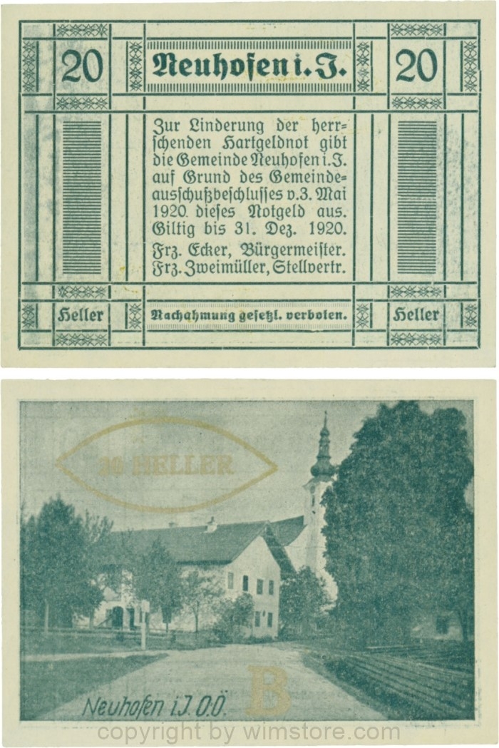 vn100358 Neuhofen im Innkreis, S0652IIIc23, 20 Heller, bei Heller ll mit Abstand, Schein Nr. 23, Aufdruck B in silber; 1