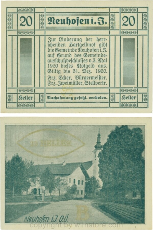 Neuhofen im Innkreis, S0652IIIc23, 20 Heller, bei Heller ll mit Abstand, Schein Nr. 23, Aufdruck B in silber; 1-
