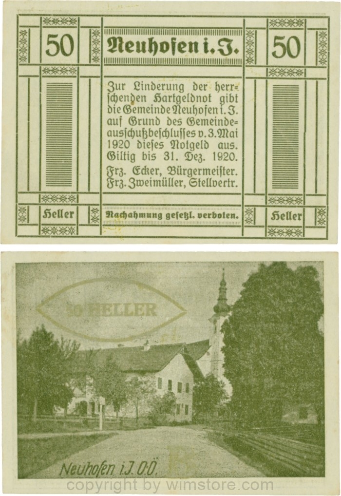 vn100360 Neuhofen im Innkreis, S0652IIIc21, 50 Heller, bei Heller ll engstehend, Schein Nr. 21, Aufdruck B in silber; 1