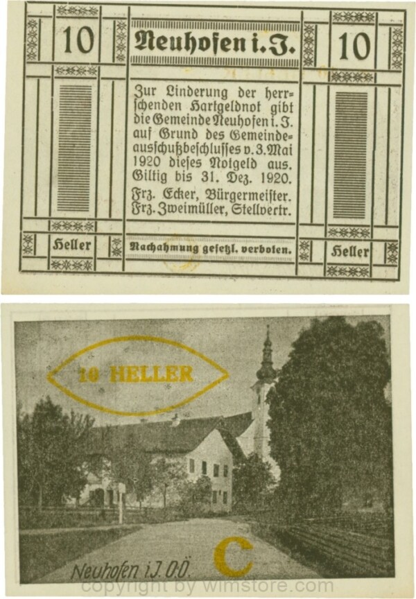 Neuhofen im Innkreis, S0652IIIe37, 10 Heller, bei Heller ll engstehend (nicht im Katalog), Schein Nr. 37, Aufdruck C in gelb; 1
