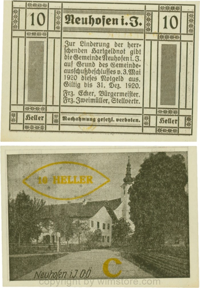 vn100363 Neuhofen im Innkreis, S0652IIIe37, 10 Heller, bei Heller ll engstehend (nicht im Katalog), Schein Nr. 37, Aufdruck C in gelb; 1