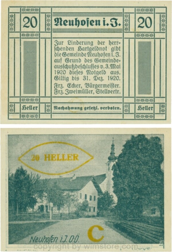 Neuhofen im Innkreis, S0652IIIe38, 20 Heller, bei Heller ll engstehend (nicht im Katalog), Schein Nr. 38, Aufdruck C in gelb; 1