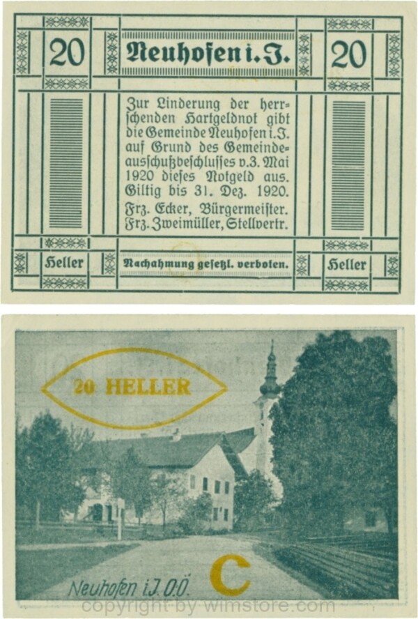 Neuhofen im Innkreis, S0652IIIe41, 20 Heller, bei Heller ll mit Abstand, Schein Nr. 41, Aufdruck C in gelb; 1-