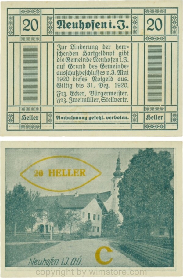 Neuhofen im Innkreis, S0652IIIe41, 20 Heller, bei Heller ll mit Abstand, Schein Nr. 41, Aufdruck C in gelb; 1-