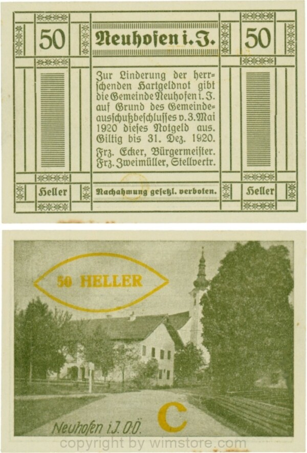 Neuhofen im Innkreis, S0652IIIe39, 50 Heller, bei Heller ll engstehend, Schein Nr. 39, Aufdruck C in gelb; 1-, Stockflecke