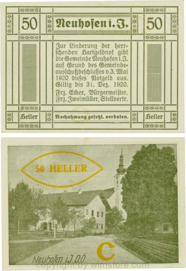 Neuhofen im Innkreis, S0652IIIe42, 50 Heller, bei Heller ll mit Abstand, Schein Nr. 42, Aufdruck C in gelb; 2