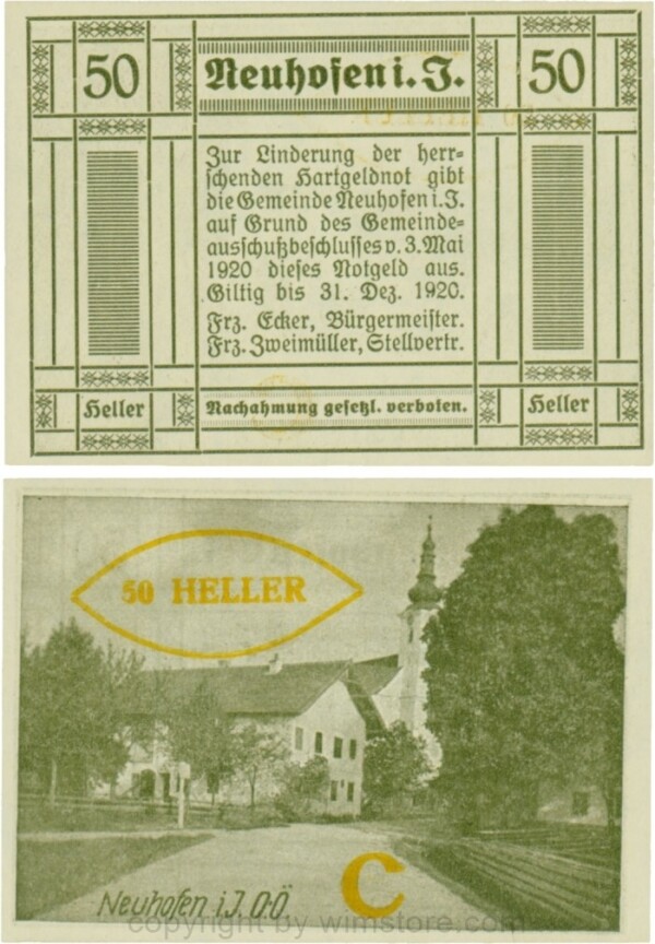 Neuhofen im Innkreis, S0652IIIe45, 50 Heller, bei Heller ll mit Abstand, links l ohne, rehts mit Abstrich (nicht im Katalog), Schein Nr. 45, Aufdruck C in gelb; 1