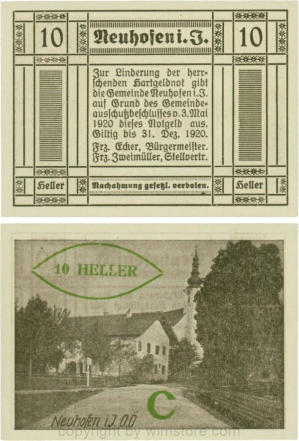 Neuhofen im Innkreis, S0652IIIf46, 10 Heller, bei Heller ll engstehend, Schein Nr. 46, Aufdruck C in grün; 1-