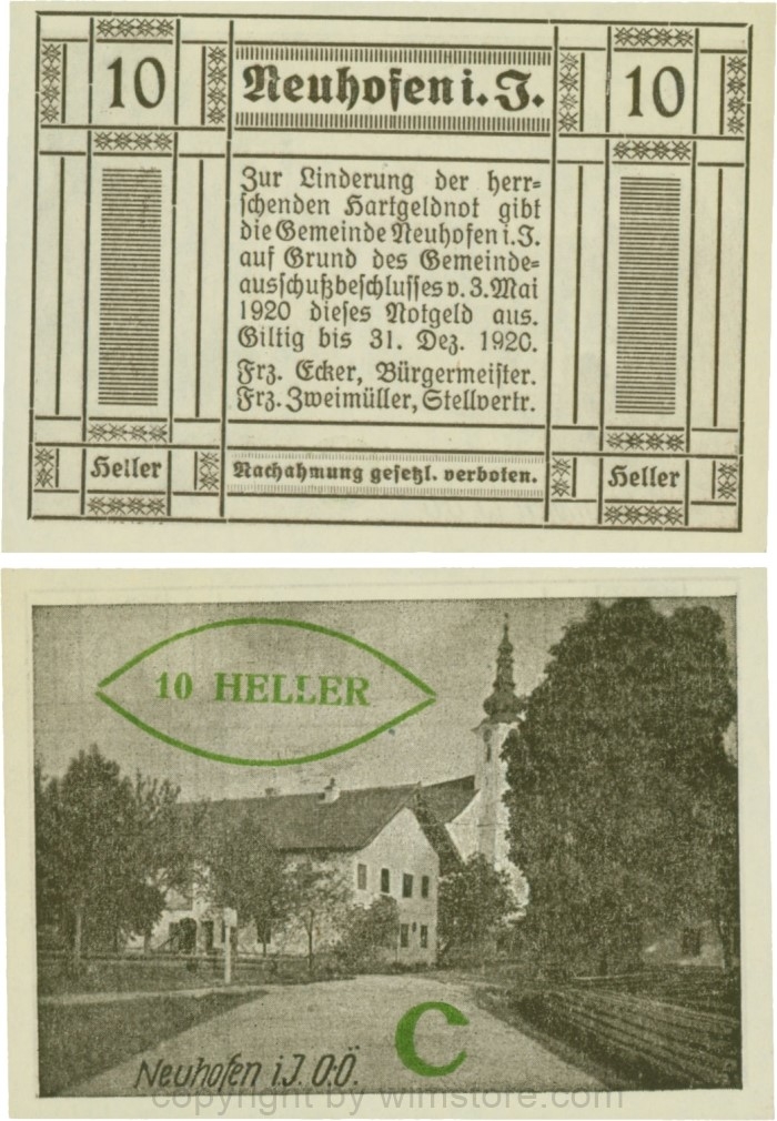 vn100375 Neuhofen im Innkreis, S0652IIIf52, 10 Heller, bei Heller ll mit Abstand, links l ohne, rehts mit Abstrich, Schein Nr. 52, Aufdruck C in grün; 1