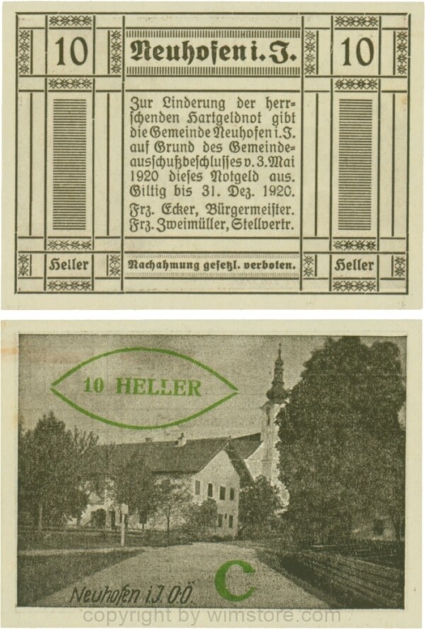 Neuhofen im Innkreis, S0652IIIf52, 10 Heller, bei Heller ll mit Abstand, links l ohne, rehts mit Abstrich, Schein Nr. 52, Aufdruck C in grün; 1