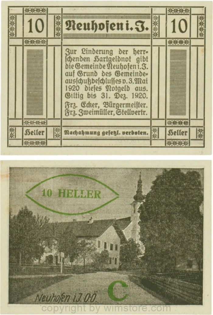 vn100377 Neuhofen im Innkreis, S0652IIIf52, 10 Heller, bei Heller ll mit Abstand, links l ohne, rehts mit Abstrich, Schein Nr. 52, Aufdruck C in grün; 1