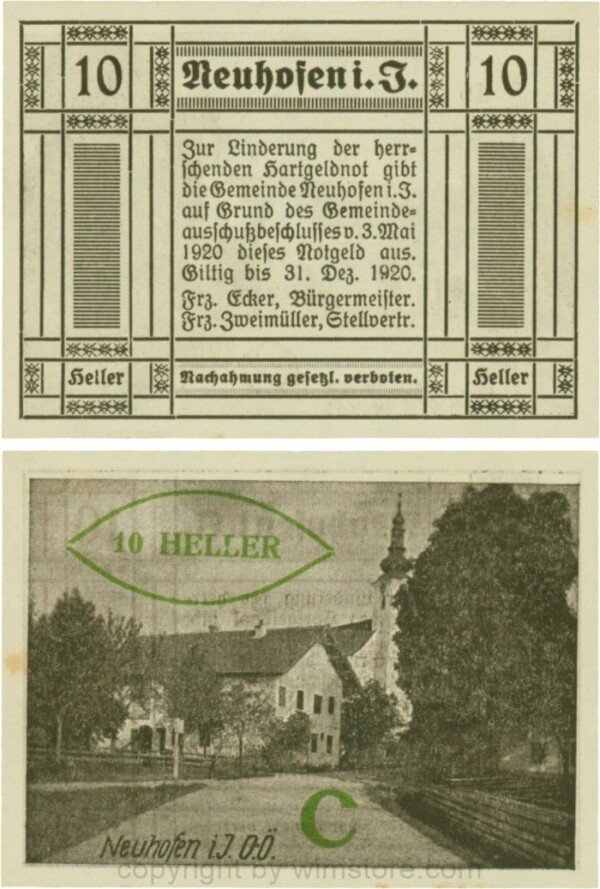 Neuhofen im Innkreis, S0652IIIf52, 10 Heller, bei Heller ll mit Abstand, links l ohne, rehts mit Abstrich, Schein Nr. 52, Aufdruck C in grün; 1-