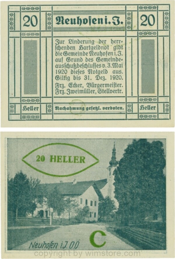Neuhofen im Innkreis, S0652IIIf47, 20 Heller, bei Heller ll engstehend, Schein Nr. 47, Aufdruck C in grün; 1