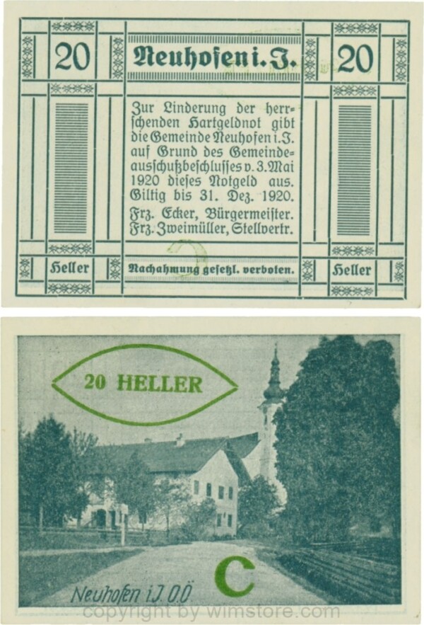 Neuhofen im Innkreis, S0652IIIf47, 20 Heller, bei Heller ll engstehend, Schein Nr. 47, Aufdruck C in grün; 1-