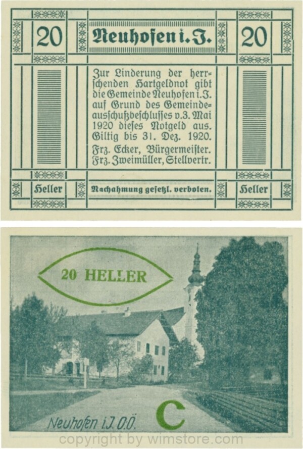 Neuhofen im Innkreis, S0652IIIf50, 20 Heller, bei Heller ll mit Abstand (nicht im Katalog), Schein Nr. 50, Aufdruck C in grün; 1