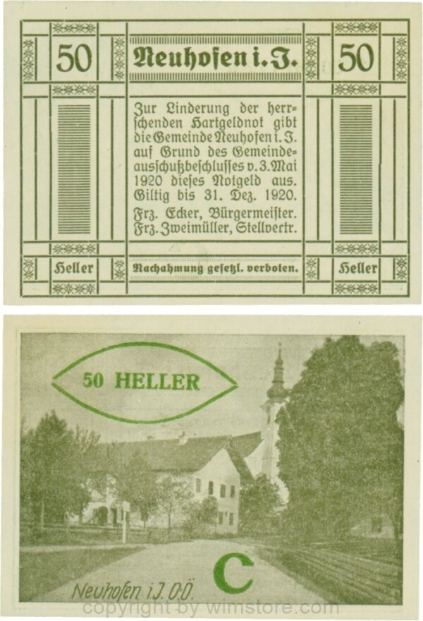 Neuhofen im Innkreis, S0652IIIf48, 50 Heller, bei Heller ll engstehend, Schein Nr. 48, Aufdruck C in grün; 1-