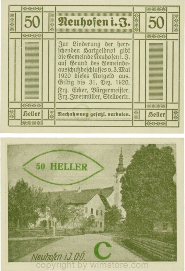 Neuhofen im Innkreis, S0652IIIf48, 50 Heller, bei Heller ll engstehend, Schein Nr. 48, Aufdruck C in grün; 1-