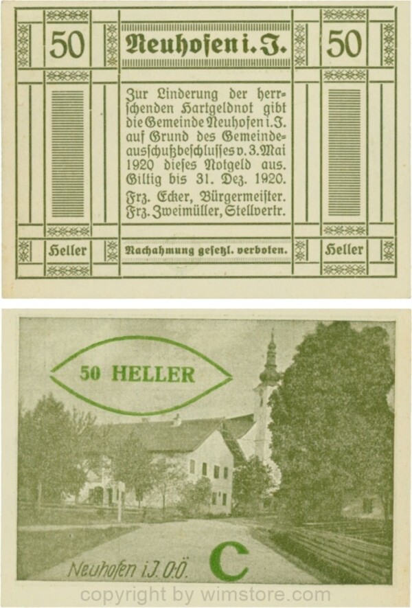 Neuhofen im Innkreis, S0652IIIf54, 50 Heller, bei Heller ll mit Abstand, links l ohne, rehts mit Abstrich, Schein Nr. 54, Aufdruck C in grün; 1-