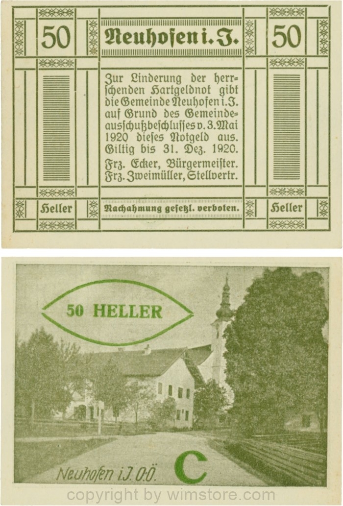 vn100387 Neuhofen im Innkreis, S0652IIIf54, 50 Heller, bei Heller ll mit Abstand, links l ohne, rehts mit Abstrich, Schein Nr. 54, Aufdruck C in grün; 1-