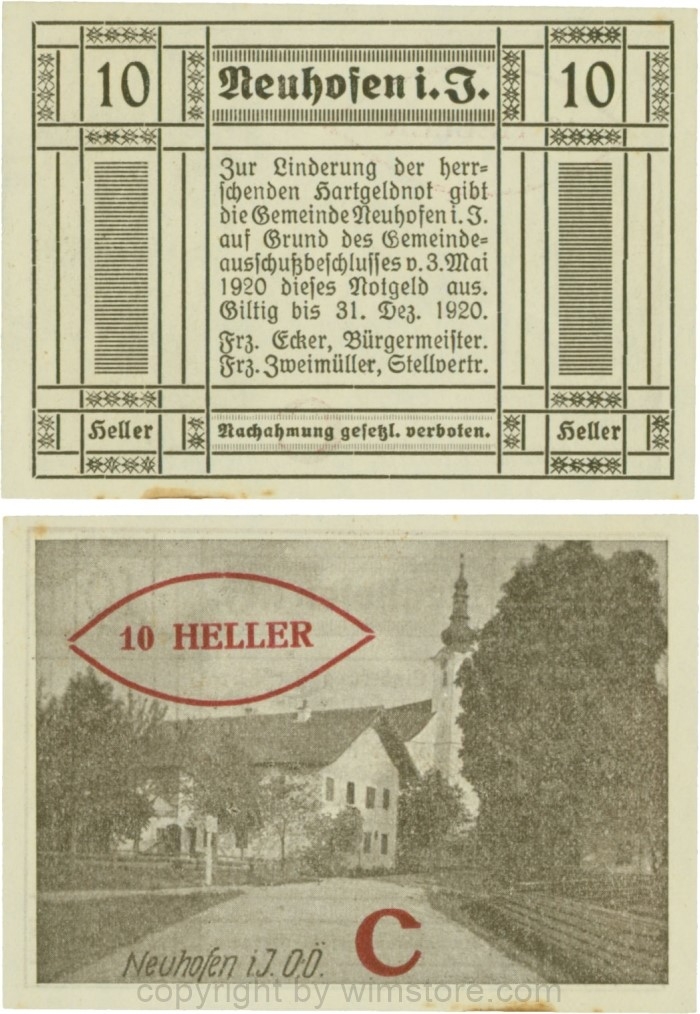 Neuhofen im Innkreis, S0652IIg55, 10 Heller, bei Heller ll engstehend, Schein Nr. 55, Aufdruck C in rot; 1-