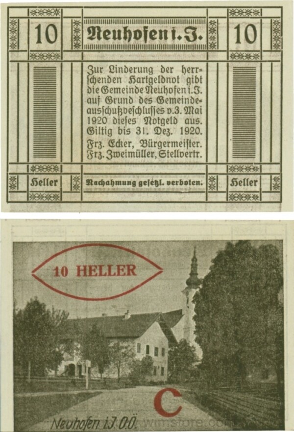 Neuhofen im Innkreis, S0652IIIg58, 10 Heller, bei Heller ll mit Abstand, Schein Nr. 58, Aufdruck C in rot; 1